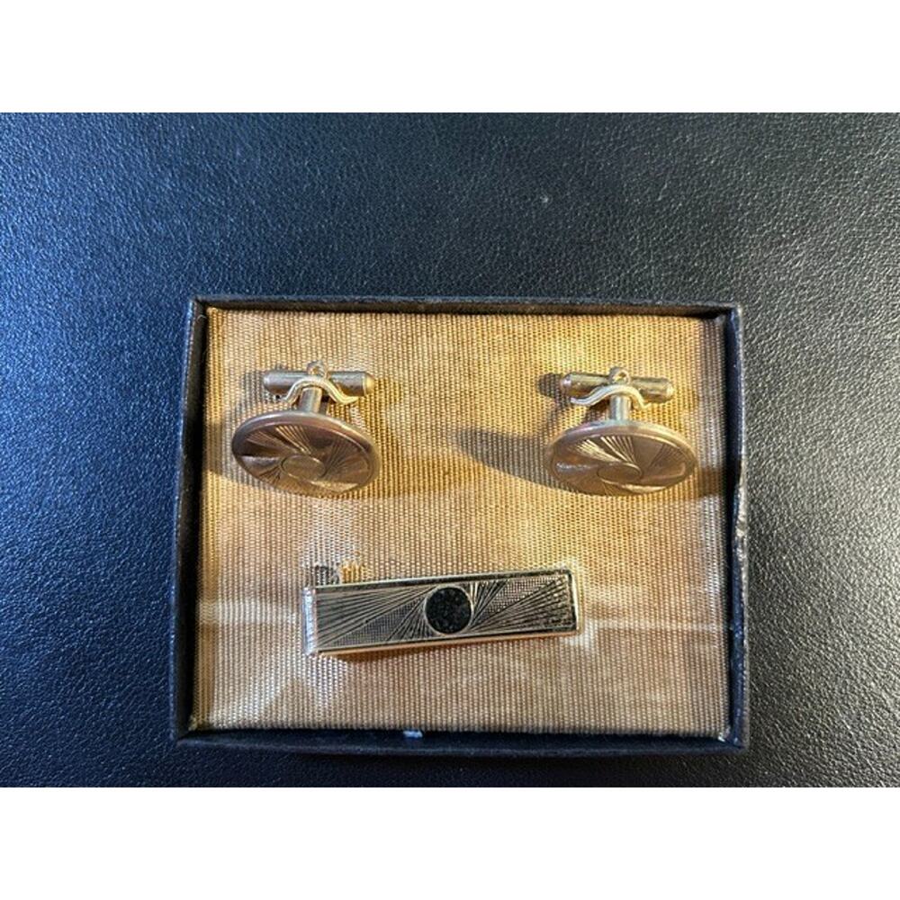 Vintage Gold Tone Sunburst Cufflinks & Tie Clip Set 3 Piece Boxed Mid Century - Picture 4 of 5